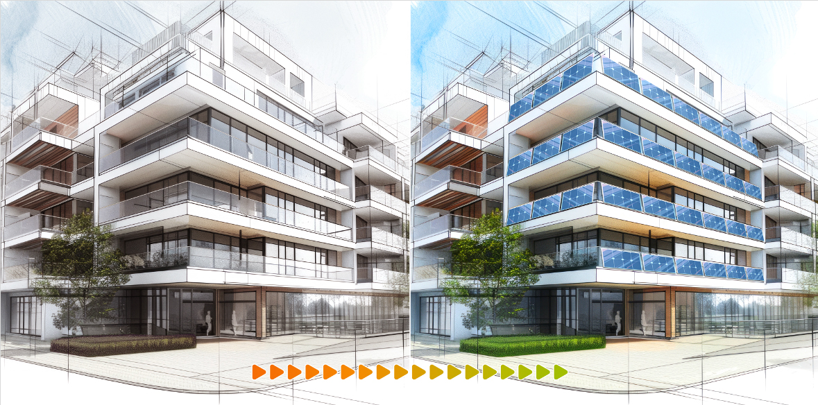 Visualisierung eines Mehrparteienhauses mit installierten Balkonkraftwerken, erstellt von Keivan Akbari für die TH Köln
